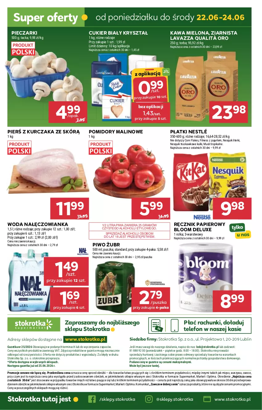 Gazetka promocyjna Stokrotka - Supermarket - ważna 18.06 do 24.06.2026 - strona 48 - produkty: Corn flakes, Cukier, Dres, Gra, JBL, Jogurt, Kawa, Kawa mielona, Kurczak, Lavazza, Mięso, Mus, Nałęczowianka, Nesquik, Nestlé, O nas, Optima, Owoce, Papier, Piec, Piwa, Piwo, Pomidory, Ręcznik, Telefon, Torba, Wagi, Warzywa, Woda