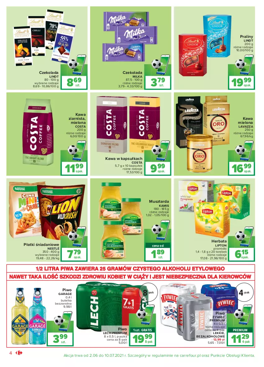 Gazetka promocyjna Carrefour - Gazetka Market - ważna 14.06 do 27.06.2021 - strona 4 - produkty: Czekolada, Danio, Gra, Herbata, Kamis, Kawa, Kawa mielona, Kawa ziarnista, Lavazza, Lech Premium, Lindt, Lipton, Milka, Mus, Musztarda, Nestlé, Piec, Piwa, Piwo, Praliny