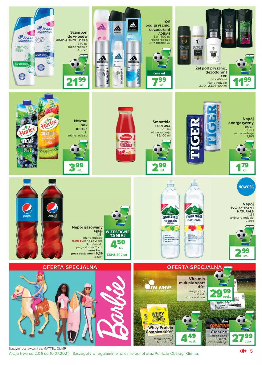 Gazetka promocyjna Carrefour - Gazetka Market - ważna 14.06 do 27.06.2021 - strona 5 - produkty: Adidas, Dezodorant, Fortuna, Hortex, Kosz, Mattel, Napój, Napój energetyczny, Napój gazowany, Nektar, Pepsi, Por, Smoothie, Sok, Sport, Szampon, Tiger, Vita-Min