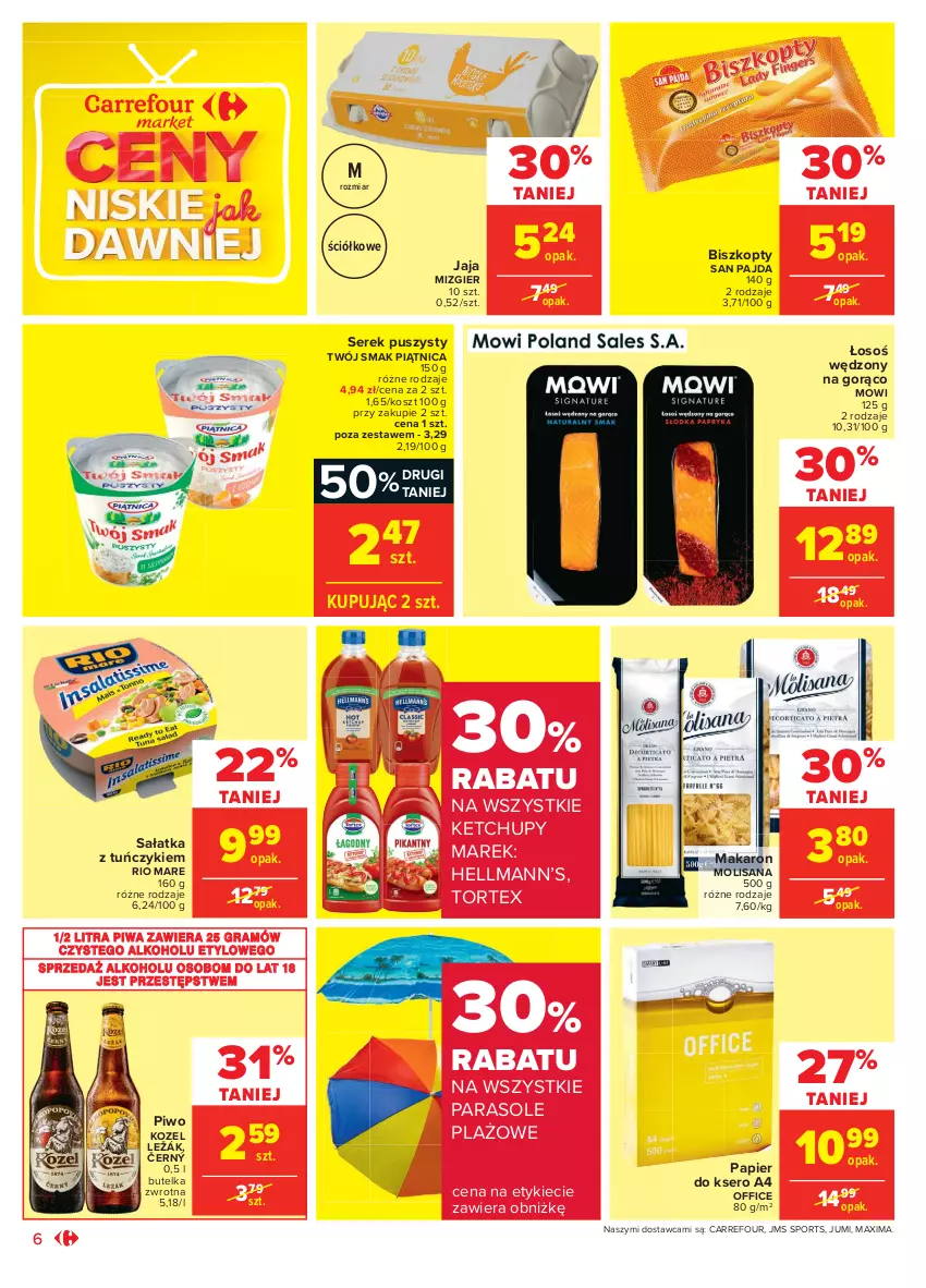 Gazetka promocyjna Carrefour - Gazetka Market - ważna 14.06 do 27.06.2021 - strona 6 - produkty: Biszkopty, Gra, Hellmann’s, Isana, Jaja, Ketchup, Kosz, Kozel, Makaron, Papier, Papier do ksero, Parasol, Piątnica, Piwa, Piwo, Por, Rio Mare, Sałat, Sałatka, Ser, Serek, Serek puszysty, Sport, Tuńczyk, Twój Smak