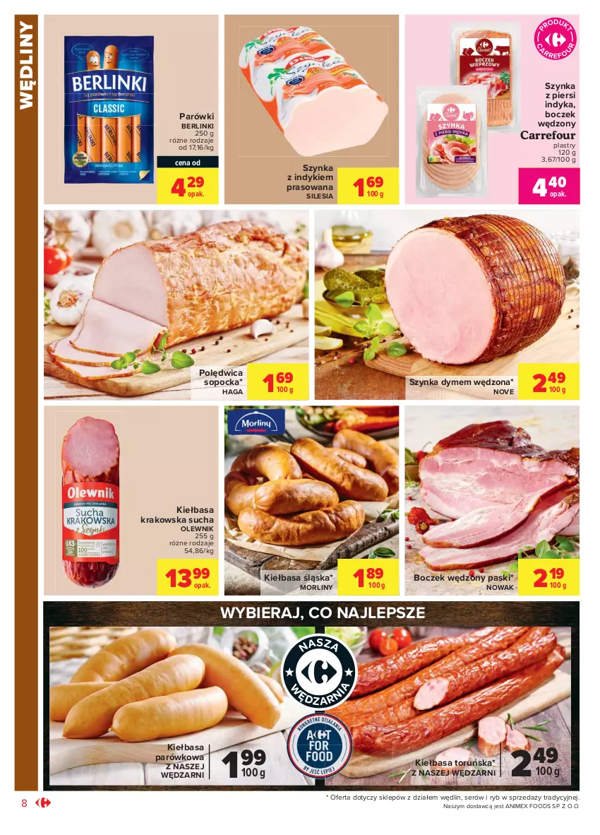 Gazetka promocyjna Carrefour - Gazetka Market - ważna 14.06 do 27.06.2021 - strona 8 - produkty: Berlinki, Boczek, Kiełbasa, Kiełbasa krakowska, Kiełbasa śląska, Morliny, NOWAK, Olewnik, Parówki, Polędwica, Ser, Szynka