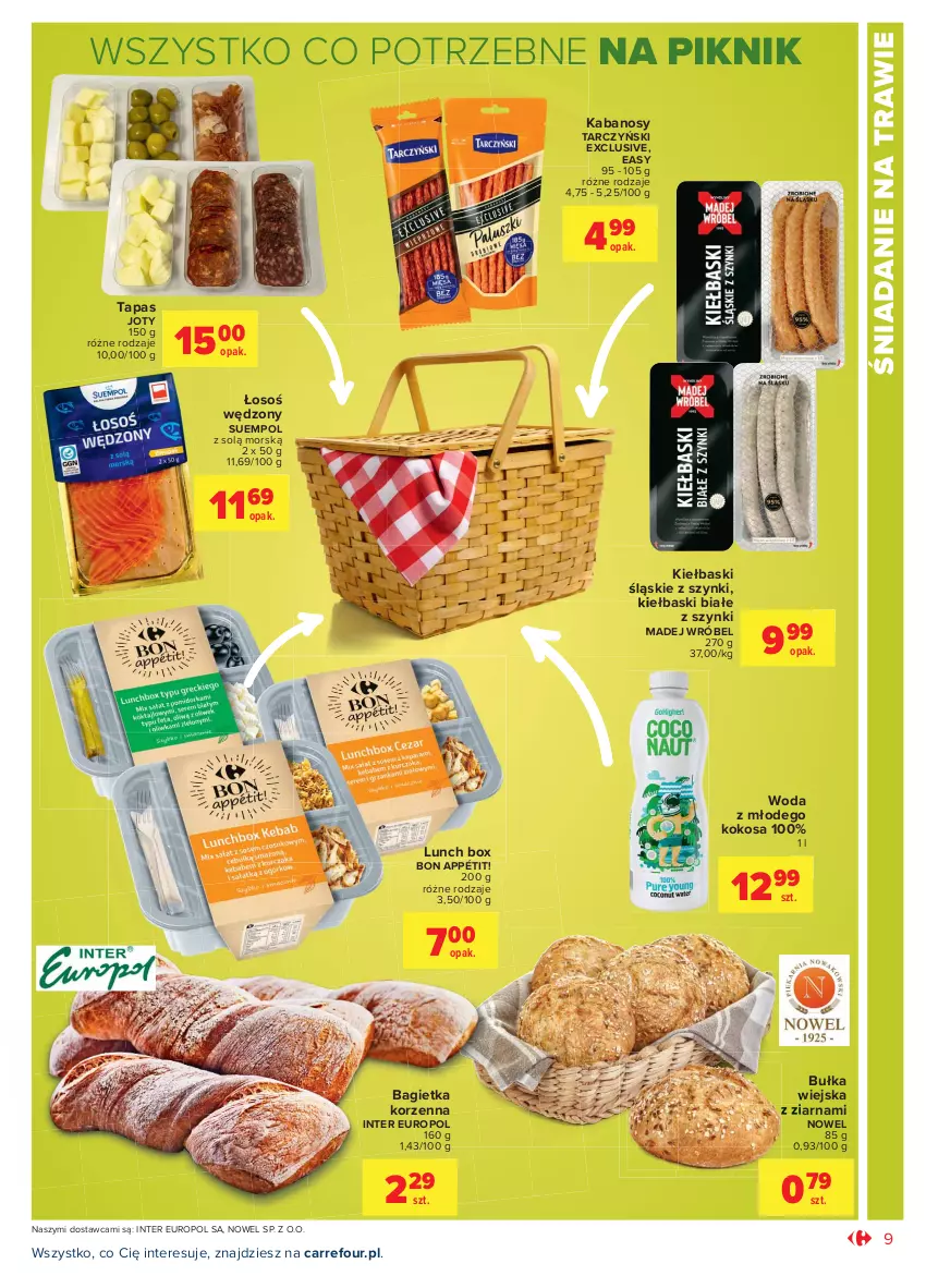 Gazetka promocyjna Carrefour - Gazetka Market - ważna 14.06 do 27.06.2021 - strona 9 - produkty: Bagietka, Bułka, Kabanos, Kiełbaski białe, Kiełbaski śląskie, Kokos, Lunch box, Madej Wróbel, Suempol, Tarczyński, Woda