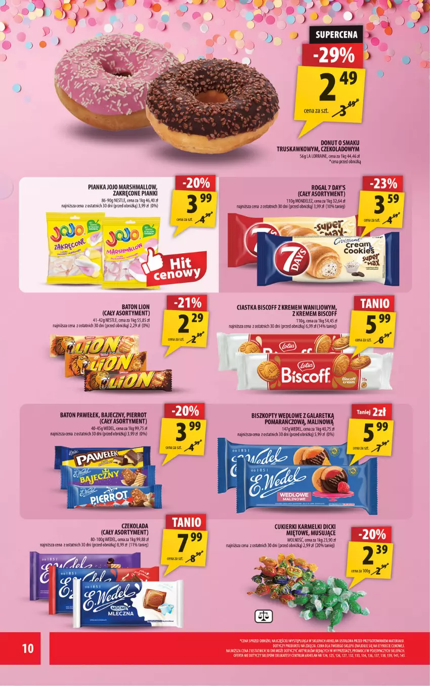 Gazetka promocyjna Arhelan - Gazetka - ważna 30.01 do 08.02.2026 - strona 10 - produkty: 7 Days, Baton, Biszkopty, Ciastka, Cukier, Cukierki, Czekolada, Donut, Gala, Lion, Mars, Mus, Rogal