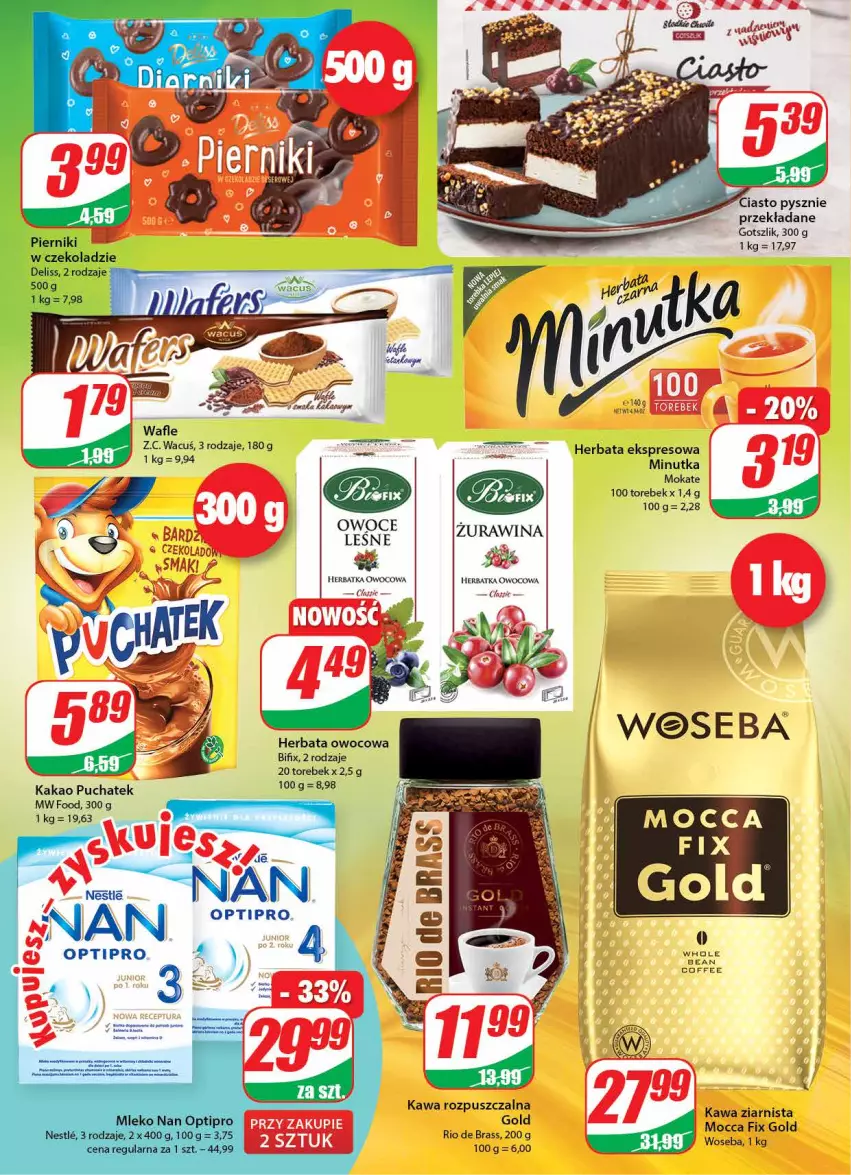 Gazetka promocyjna Dino - Gazetka - ważna 28.04 do 04.05.2021 - strona 4 - produkty: Herbata, Herbata owocowa, Kakao, Kawa, Kawa ziarnista, Mocca Fix Gold, NAN Optipro, Owoce, Wafle, Woseba