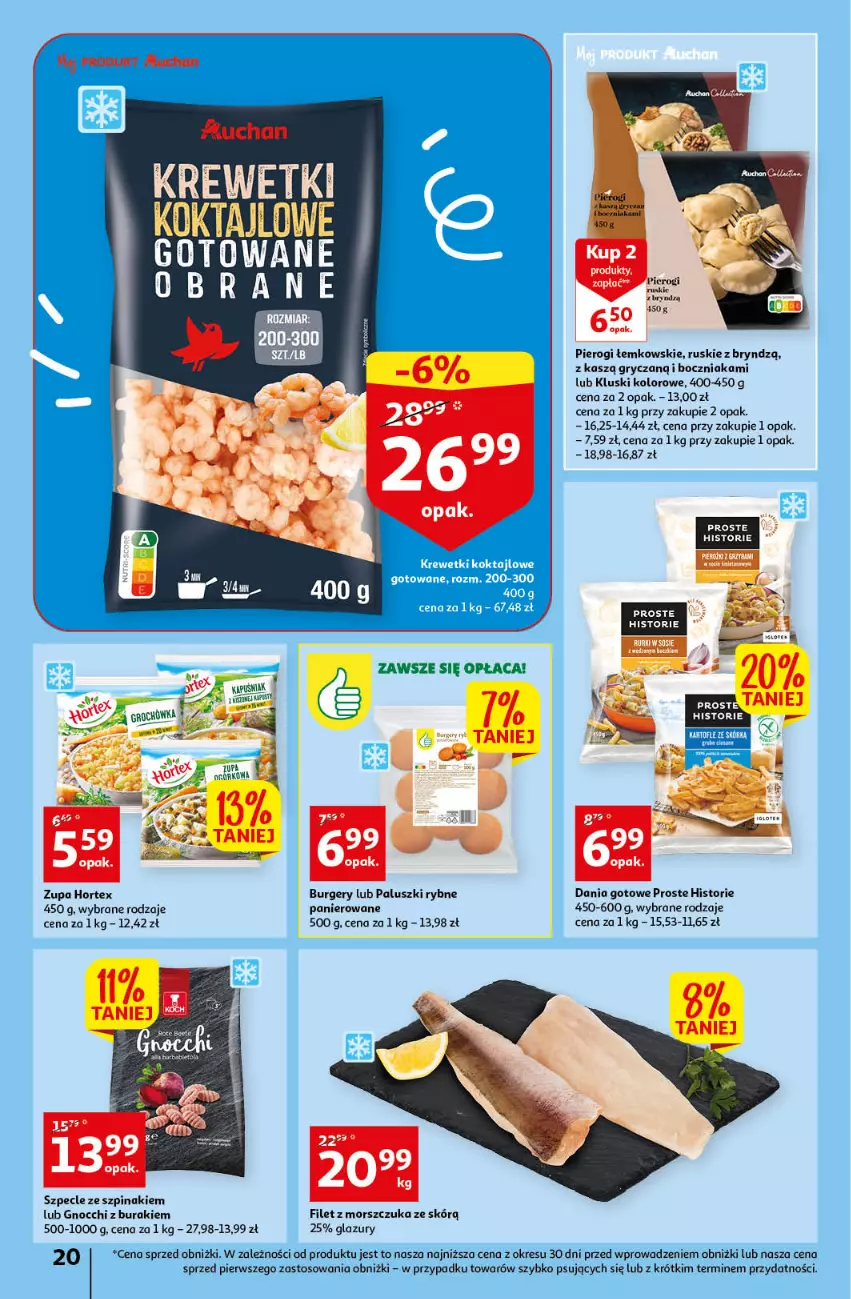 Gazetka promocyjna Auchan - Gazetka Rewelacyjne Marki Auchan Hipermarket Auchan - ważna 26.01 do 01.02.2023 - strona 20 - produkty: Boczniak, Buraki, Burger, Dania gotowe, Filet z morszczuka, Gnocchi, Gry, Hortex, Krewetki, Lazur, O nas, Paluszki rybne, Pierogi, Szpinak, Zupa