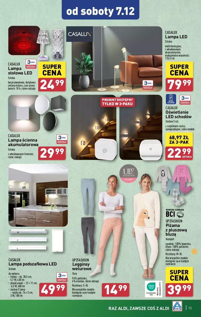 Gazetka promocyjna Aldi - Artykuły przemysłowe i tekstylia - ważna 04.12 do 07.12.2024 - strona 13 - produkty: Akumulator, Bateria, Bluza, Fa, Gin, Lampa, Lampa LED, Lampa ścienna, Lampa stołowa, Legginsy, Listwa, Mop, Piżama, Sok, Spodnie, Wełna