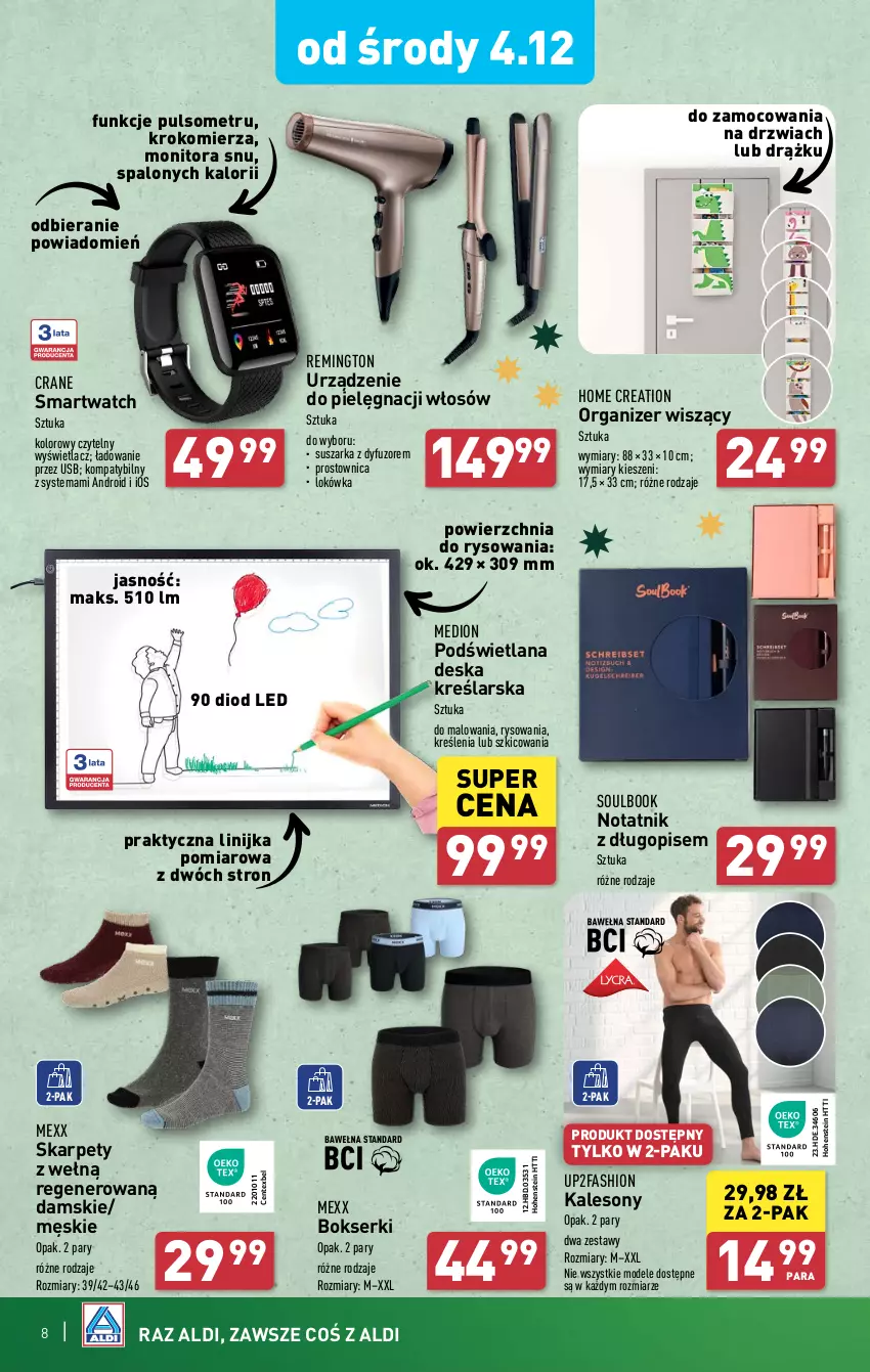 Gazetka promocyjna Aldi - Artykuły przemysłowe i tekstylia - ważna 04.12 do 07.12.2024 - strona 8 - produkty: Bokserki, Długopis, Drzwi, Fa, Kalesony, Karp, Krokomierz, LANA, Lokówka, Mexx, Monitor, Organizer, Remington, Ser, Smartwatch, Sony, Suszarka