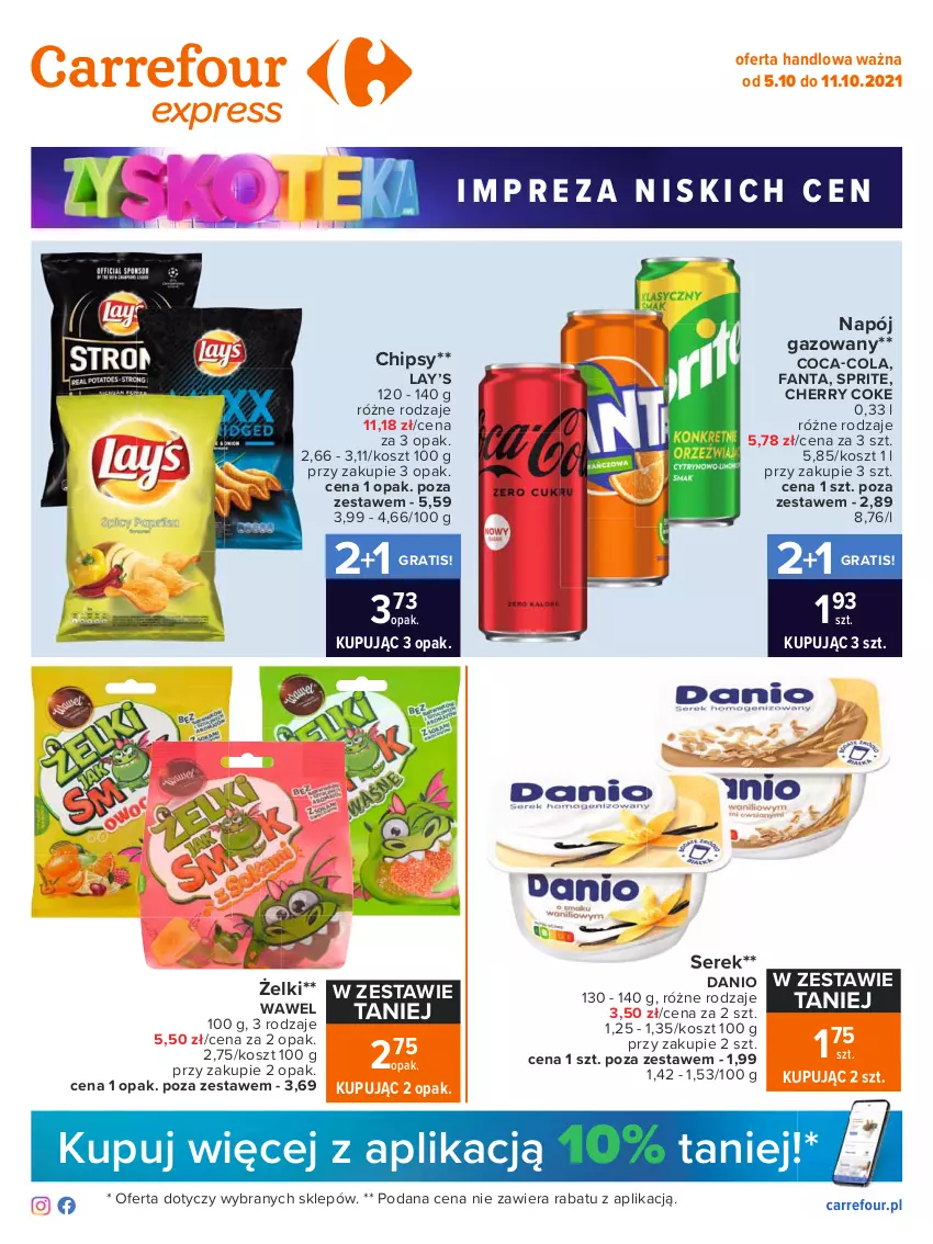 Gazetka promocyjna Carrefour - Gazetka Express - ważna 05.10 do 11.10.2021 - strona 1 - produkty: Chipsy, Coca-Cola, Danio, Fa, Fanta, Gra, Kosz, Lay’s, Napój, Napój gazowany, Ser, Serek, Sprite, Wawel