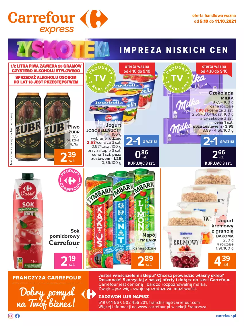 Gazetka promocyjna Carrefour - Gazetka Express - ważna 05.10 do 11.10.2021 - strona 2 - produkty: Bakoma, Bell, Bella, Czekolada, Gra, Jogobella, Jogurt, Kosz, Milka, Napój, Piwa, Piwo, Sok, Sok pomidorowy, Tymbark, Zott