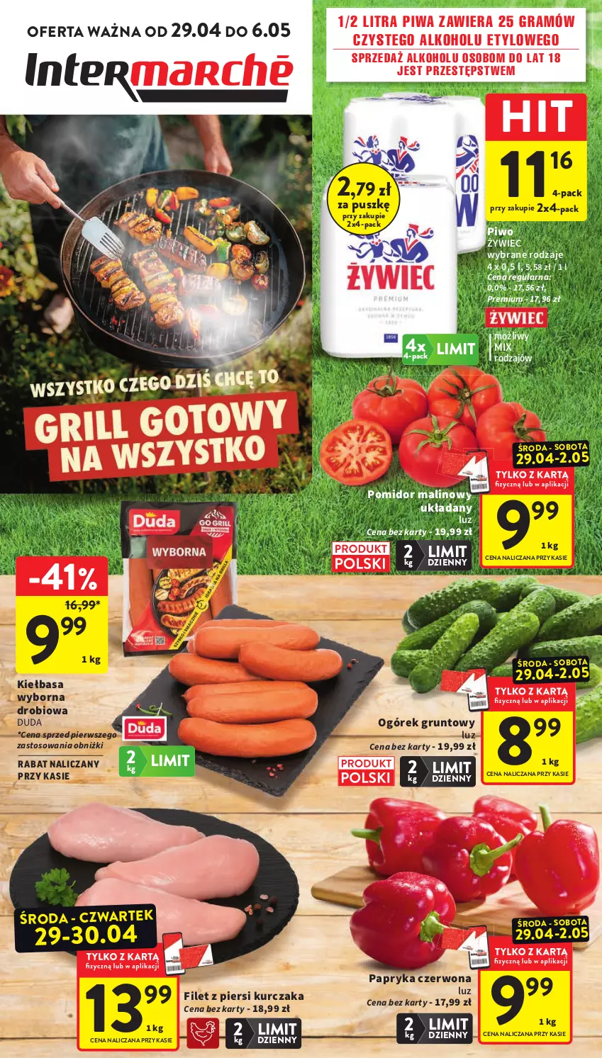 Gazetka promocyjna Intermarche - Gazetka Intermarche - ważna 29.04 do 06.05.2026 - strona 1 - produkty: Duda, Filet z piersi kurczaka, Gra, Grunt, Kiełbasa, Kurczak, Ogórek, Papryka, Papryka czerwona, Piwa, Piwo, Pomidor malinowy