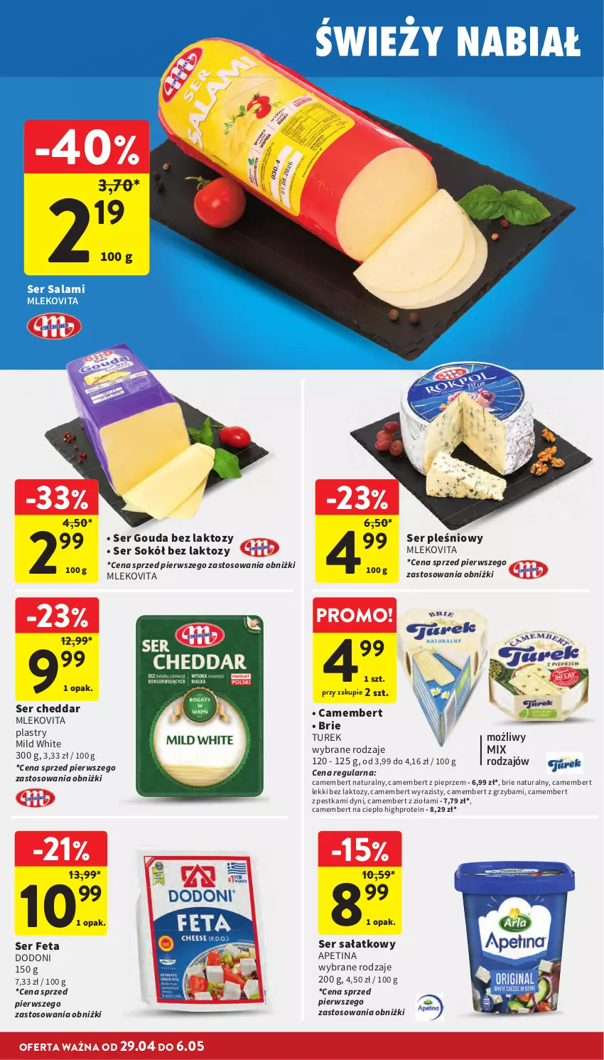 Gazetka promocyjna Intermarche - Gazetka Intermarche - ważna 29.04 do 06.05.2026 - strona 26 - produkty: Brie, Camembert, Cheddar, Feta, Gouda, HP, Mleko, Mlekovita, Pieprz, Salami, Sałat, Ser, Ser pleśniowy, Ser salami, Sok, Sokół