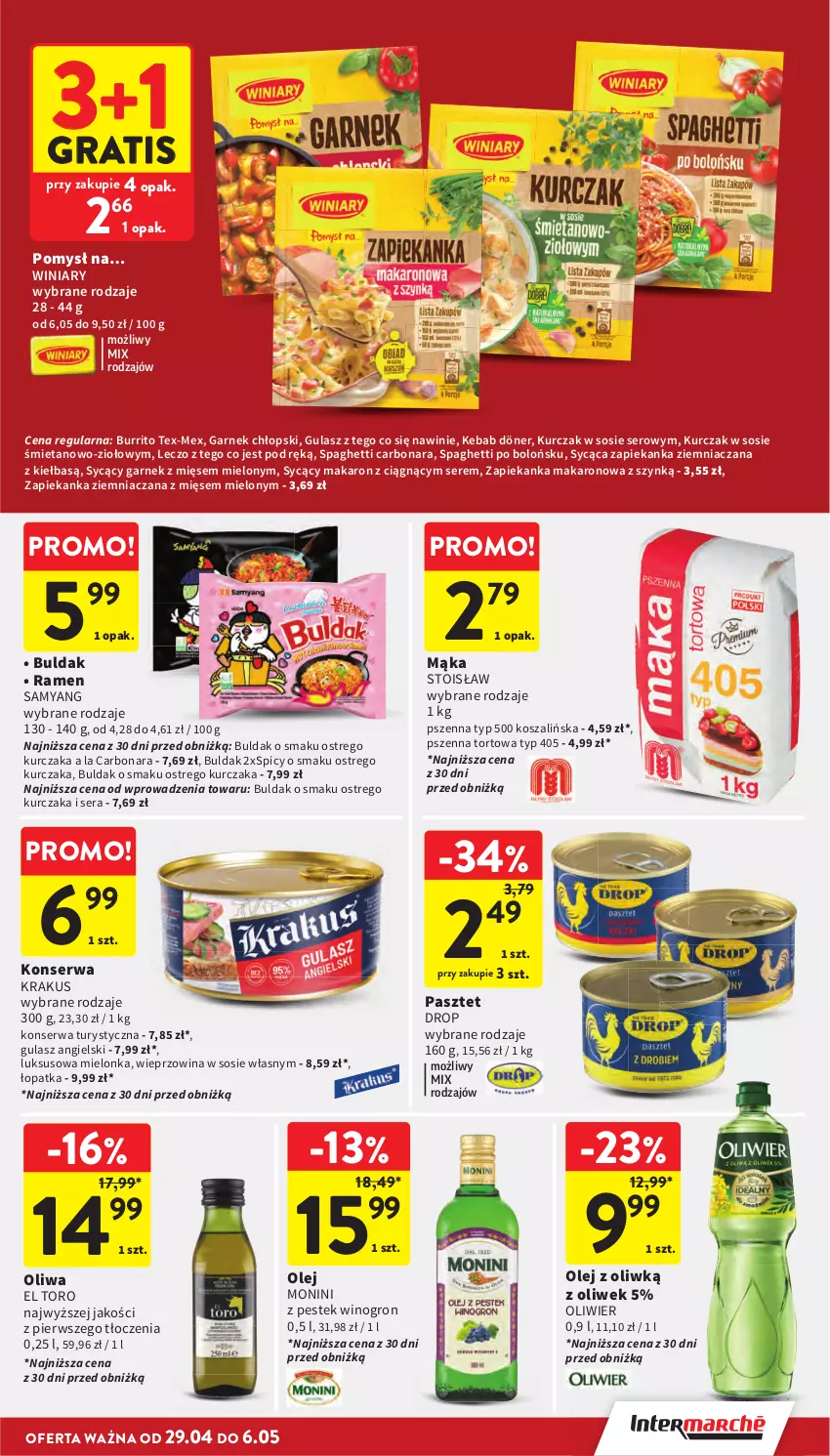 Gazetka promocyjna Intermarche - Gazetka Intermarche - ważna 29.04 do 06.05.2026 - strona 33 - produkty: Garnek, Gra, Kebab, Konserwa turystyczna, Kosz, Krakus, Kurczak, Mąka, Makaron, Monini, Olej, Pasztet, Ser, Sos, Spaghetti, Stek, Szal, Wieprzowina, Winiary, Wino, Zapiekanka
