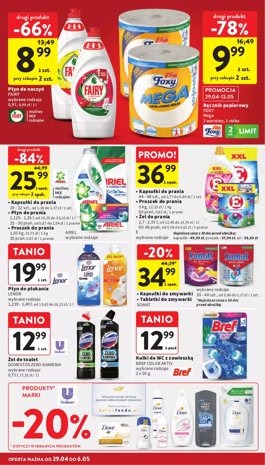 Gazetka promocyjna Intermarche - Gazetka Intermarche - ważna 29.04 do 06.05.2026 - strona 34 - produkty: Ariel, Bref, Domestos, Fa, Fairy, Foxy, Kapsułki do prania, Kulki do wc, Lenor, Papier, Płyn do płukania, Płyn do prania, Proszek do prania, Ręcznik, Somat, Tablet, Tabletki do zmywarki, Zmywarki
