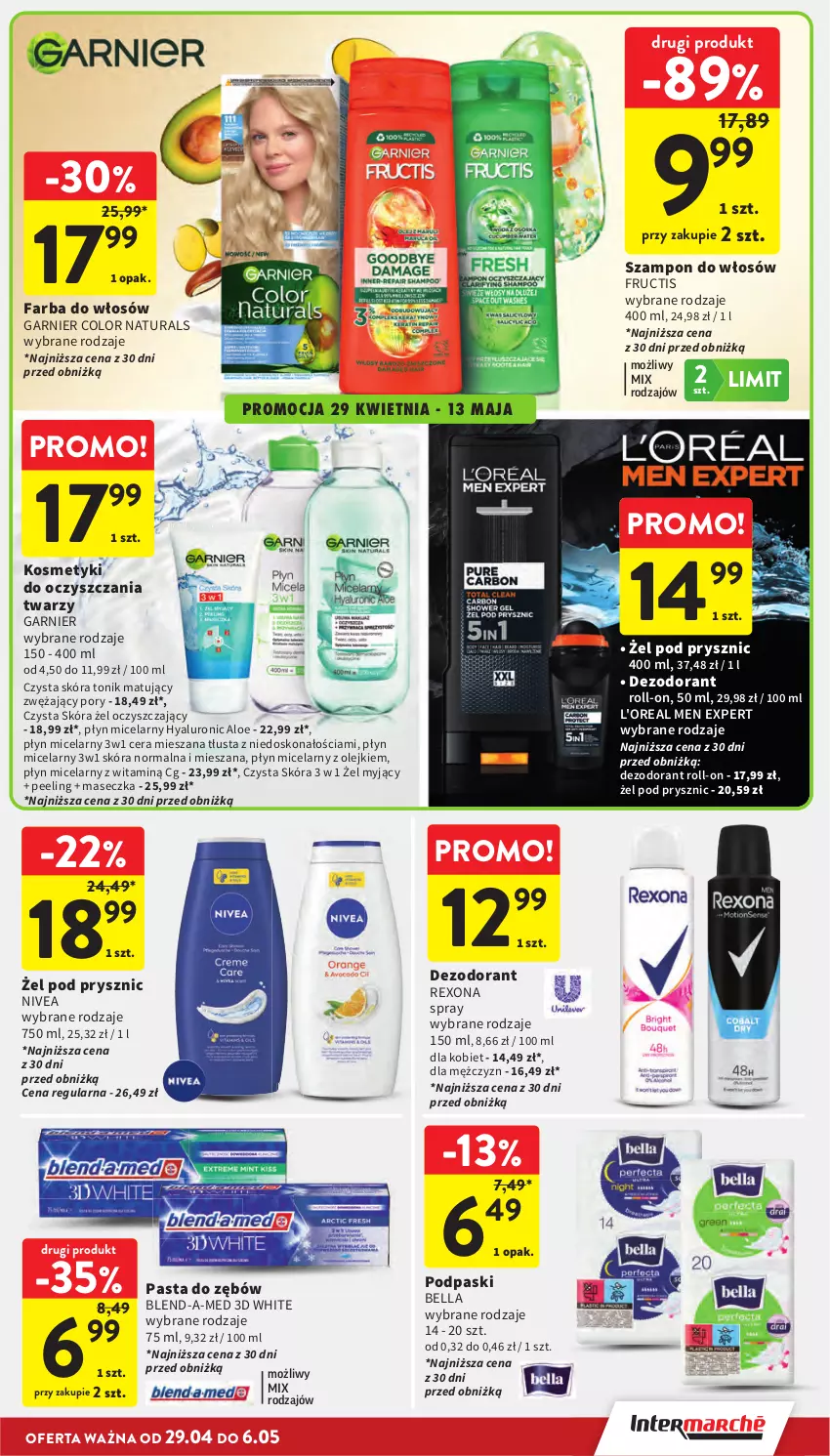 Gazetka promocyjna Intermarche - Gazetka Intermarche - ważna 29.04 do 06.05.2026 - strona 35 - produkty: Bell, Bella, Blend-a-Med, Dezodorant, Fa, Farba do włosów, Fructis, Garnier, Nivea, Olej, Pasta do zębów, Peeling, Płyn micelarny, Podpaski, Por, Rexona, Szampon, Tonik