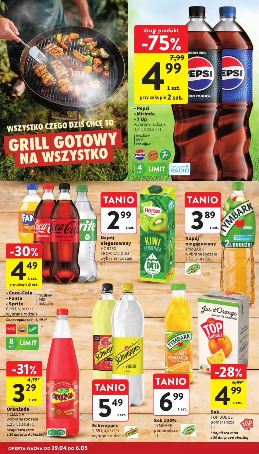 Gazetka promocyjna Intermarche - Gazetka Intermarche - ważna 29.04 do 06.05.2026 - strona 8 - produkty: Coca-Cola, Fa, Fanta, Hellena, Hortex, Mirinda, Napój, Napój niegazowany, Oranżada, Pepsi, Schweppes, Sok, Sprite, Top, Tropical, Tymbark