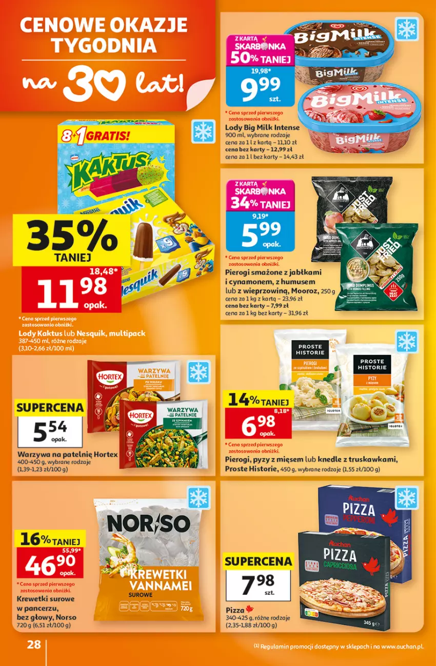 Gazetka promocyjna Auchan - Gazetka 30 Lat Hipermarket Auchan - ważna 27.08 do 02.09.2026 - strona 28 - produkty: Big Milk, Hortex, Jabłka, Knedle, Krewetki, Lody, Mus, Pierogi, Pizza, Warzywa