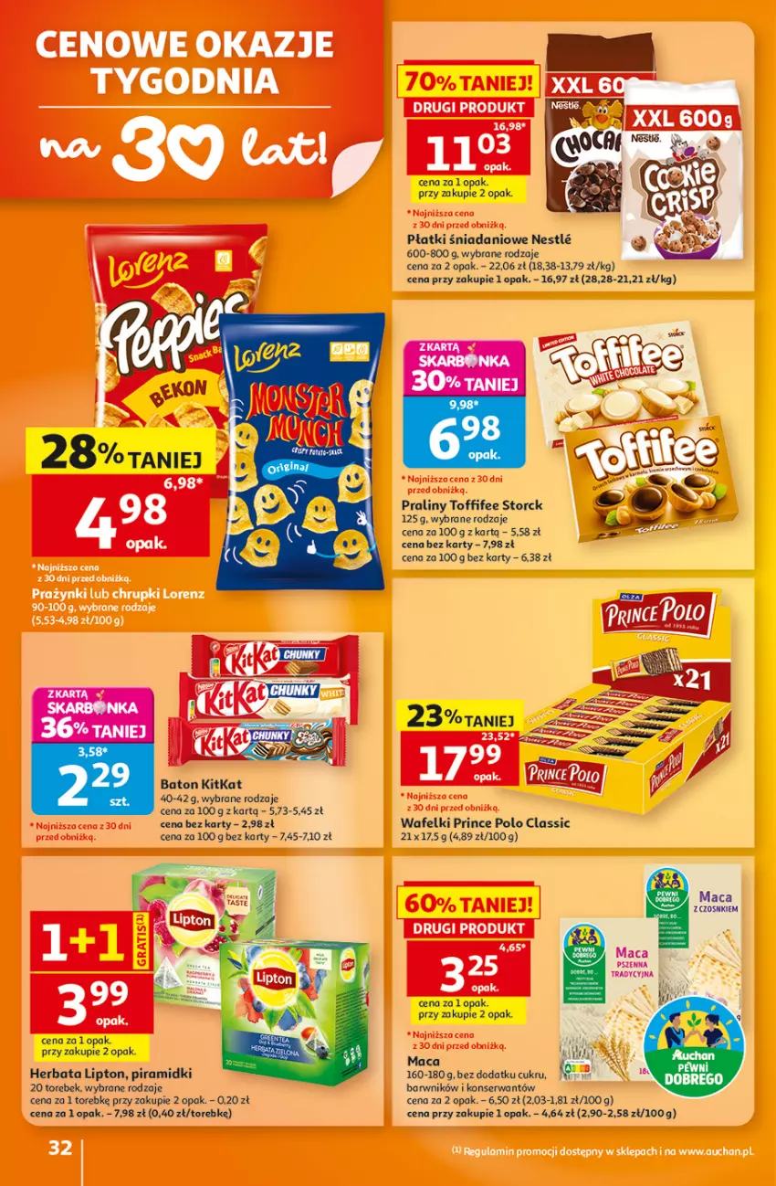 Gazetka promocyjna Auchan - Gazetka 30 Lat Hipermarket Auchan - ważna 27.08 do 02.09.2026 - strona 32 - produkty: Baton, Danio, Gin, Herbata, Lipton, Por, Praliny, Prince Polo, Ser, Toffifee