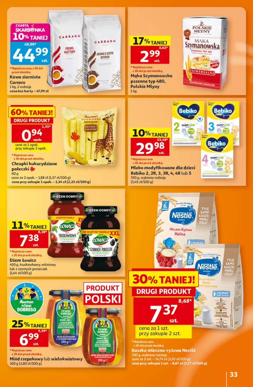 Gazetka promocyjna Auchan - Gazetka 30 Lat Hipermarket Auchan - ważna 27.08 do 02.09.2026 - strona 33 - produkty: Bebiko, Chrupki, Dżem, Dzieci, Kawa, Kawa ziarnista, Mąka, Miód, Mleko, Mleko modyfikowane, Polskie Młyny, Por
