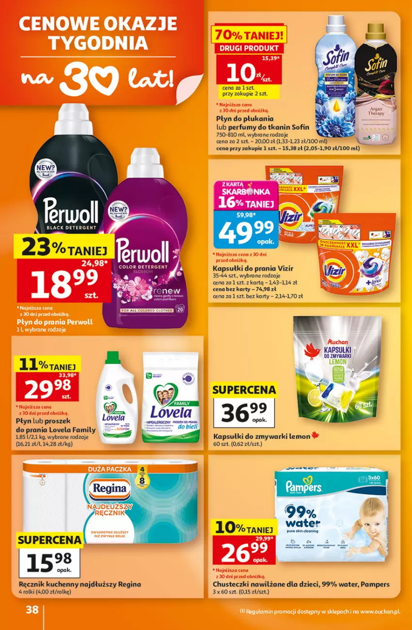Gazetka promocyjna Auchan - Gazetka 30 Lat Hipermarket Auchan - ważna 27.08 do 02.09.2026 - strona 38 - produkty: Chusteczki, Dzieci, Fa, Gin, Jaja, Kapsułki do prania, Lack, Lovela, Pampers, Perfum, Płyn do płukania, Ręcznik, Ręcznik kuchenny, Rolki, Vizir, Zmywarki