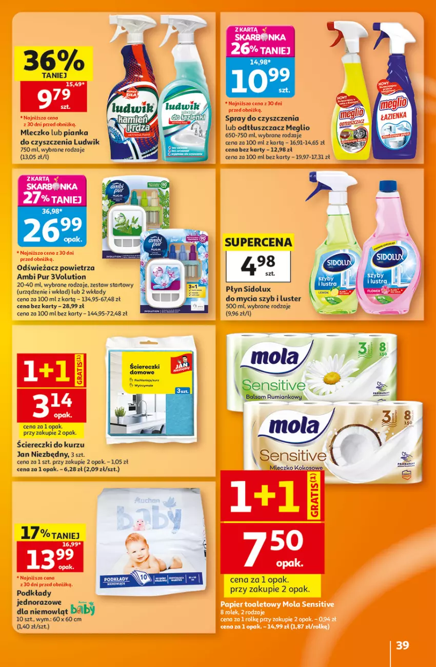 Gazetka promocyjna Auchan - Gazetka 30 Lat Hipermarket Auchan - ważna 27.08 do 02.09.2026 - strona 39 - produkty: Ambi Pur, Chia, Jan Niezbędny, Kokos, Ludwik, Mleczko, Mola, Odświeżacz powietrza, Odtłuszczacz, Pianka do czyszczenia, Podkład, Pur, Rum, Sidolux, Spray do czyszczenia