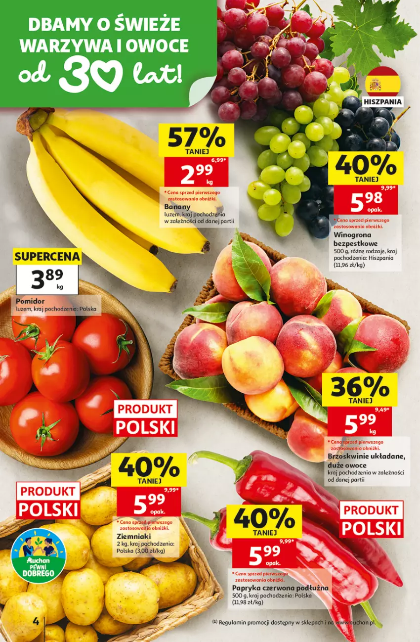 Gazetka promocyjna Auchan - Gazetka 30 Lat Hipermarket Auchan - ważna 27.08 do 02.09.2026 - strona 4 - produkty: Banany, Brzoskwinie, Owoce, Papryka, Papryka czerwona, Warzywa, Warzywa i owoce, Wino, Winogrona, Ziemniaki