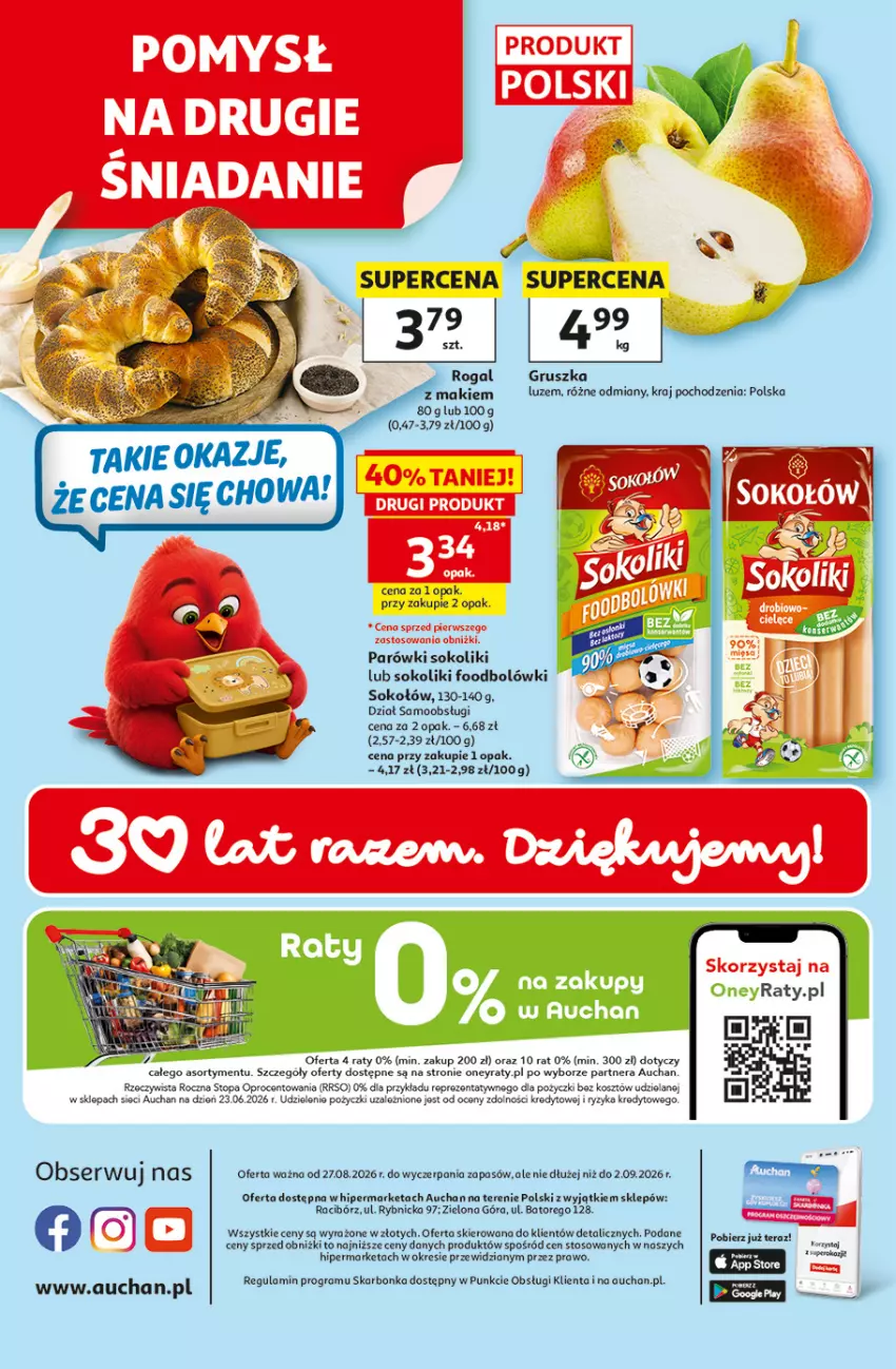 Gazetka promocyjna Auchan - Gazetka 30 Lat Hipermarket Auchan - ważna 27.08 do 02.09.2026 - strona 49 - produkty: Gra, Kosz, Parówki, Parówki sokoliki, Ser, Sok, Sokołów, Top