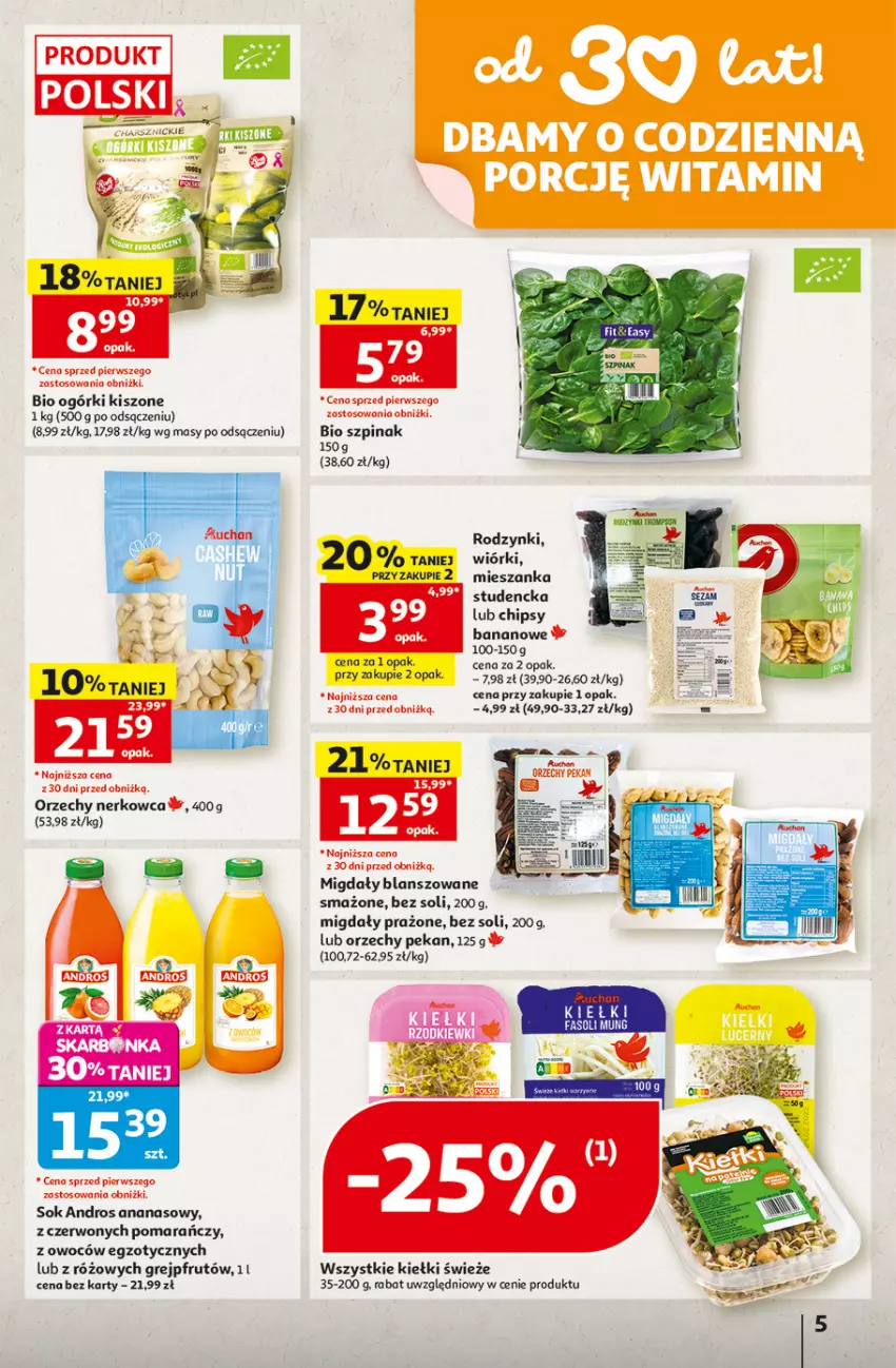 Gazetka promocyjna Auchan - Gazetka 30 Lat Hipermarket Auchan - ważna 27.08 do 02.09.2026 - strona 5 - produkty: Ananas, Chipsy, Grejpfrut, Kiełki, Migdały, Miód, Rodzynki, Sok, Szpinak