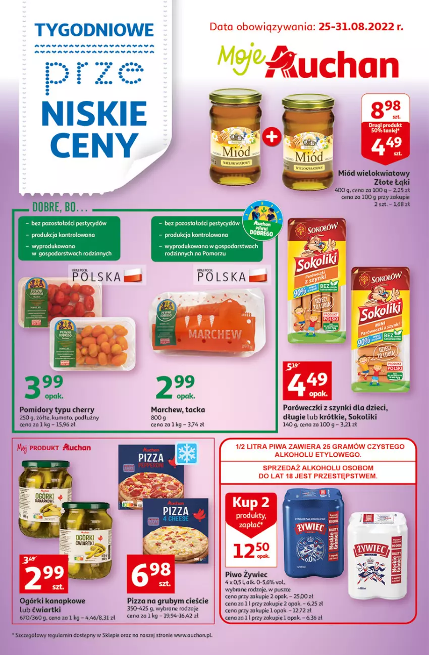 Gazetka promocyjna Auchan - Tygodniowe przeNISKIE CENY moje Auchan 25-31.08 - ważna 29.08 do 31.08.2022 - strona 1 - produkty: Dzieci, Miód, Piwo, Pizza, Pomidory, Sok