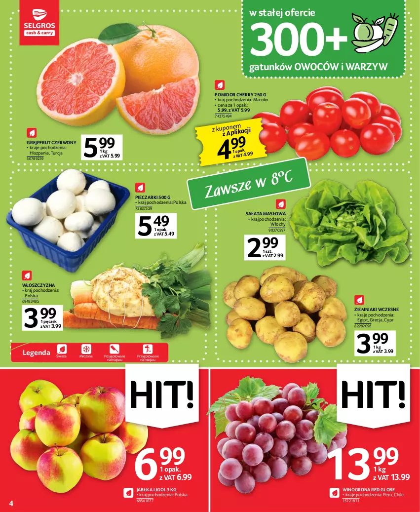 Gazetka promocyjna Selgros - Oferta spożywcza - ważna 16.02 do 01.03.2023 - strona 4 - produkty: Grejpfrut, Jabłka, Ligol, Masło, Piec, Sałat, Sałata masłowa, Wino, Winogrona, Ziemniaki