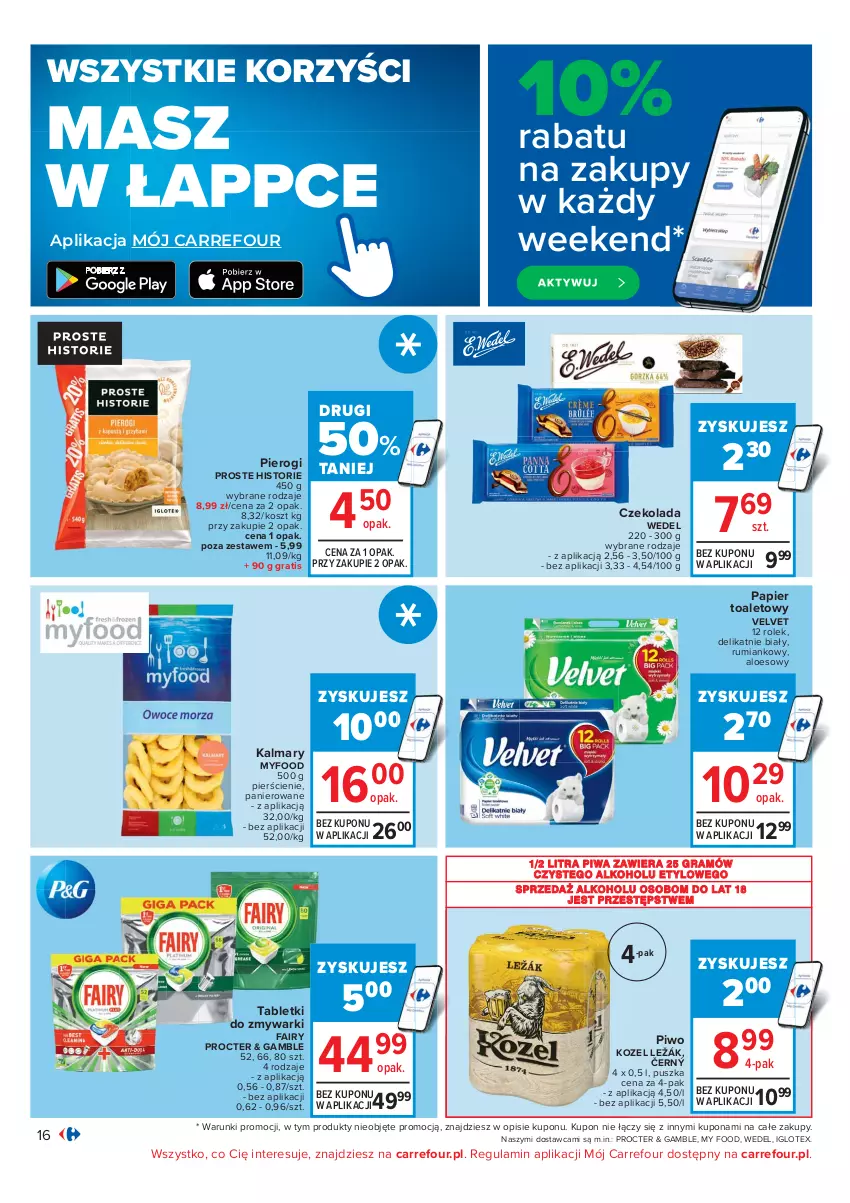 Gazetka promocyjna Carrefour - Gazetka Carrefour Okazje grudnia - ważna 01.12 do 31.12.2021 - strona 16 - produkty: Czekolada, Fa, Fairy, Gra, Kalmar, Kalmary, Kosz, Kozel, Papier, Papier toaletowy, Pierogi, Piwa, Piwo, Rum, Tablet, Tabletki do zmywarki, Velvet, Zmywarki