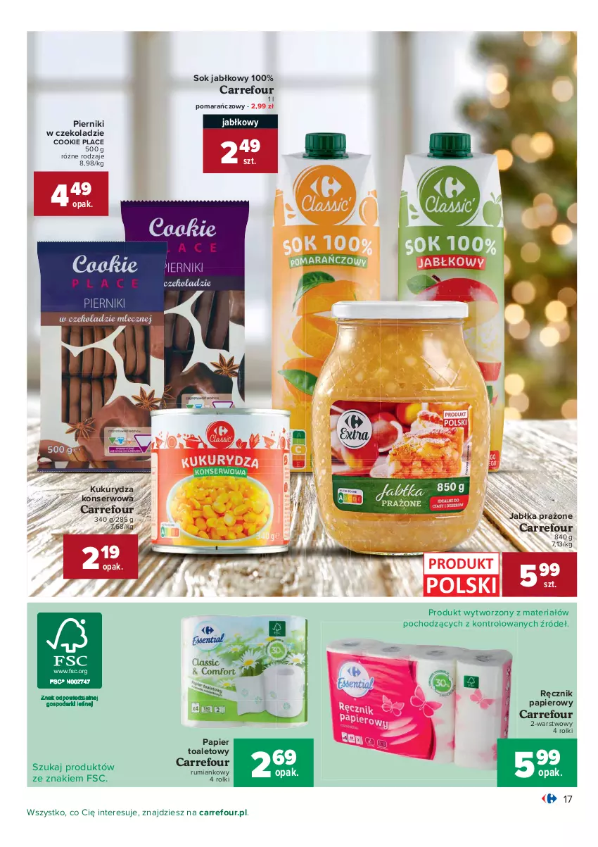 Gazetka promocyjna Carrefour - Gazetka Carrefour Okazje grudnia - ważna 01.12 do 31.12.2021 - strona 17 - produkty: Jabłka, Jabłka prażone, Kukurydza, Kukurydza konserwowa, Papier, Papier toaletowy, Piernik, Pierniki w czekoladzie, Ręcznik, Rolki, Rum, Ser, Sok, Sok jabłkowy