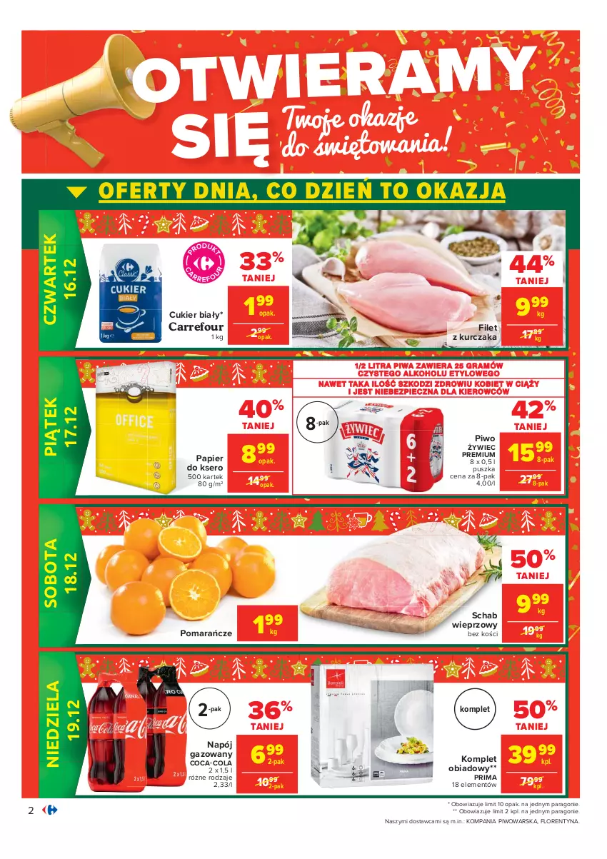 Gazetka promocyjna Carrefour - Gazetka Carrefour Okazje grudnia - ważna 01.12 do 31.12.2021 - strona 2 - produkty: Coca-Cola, Cukier, Gra, Komplet obiadowy, Kurczak, Napój, Napój gazowany, Papier, Papier do ksero, Piec, Piwa, Piwo, Pomarańcze, Prima, Schab wieprzowy, Ser