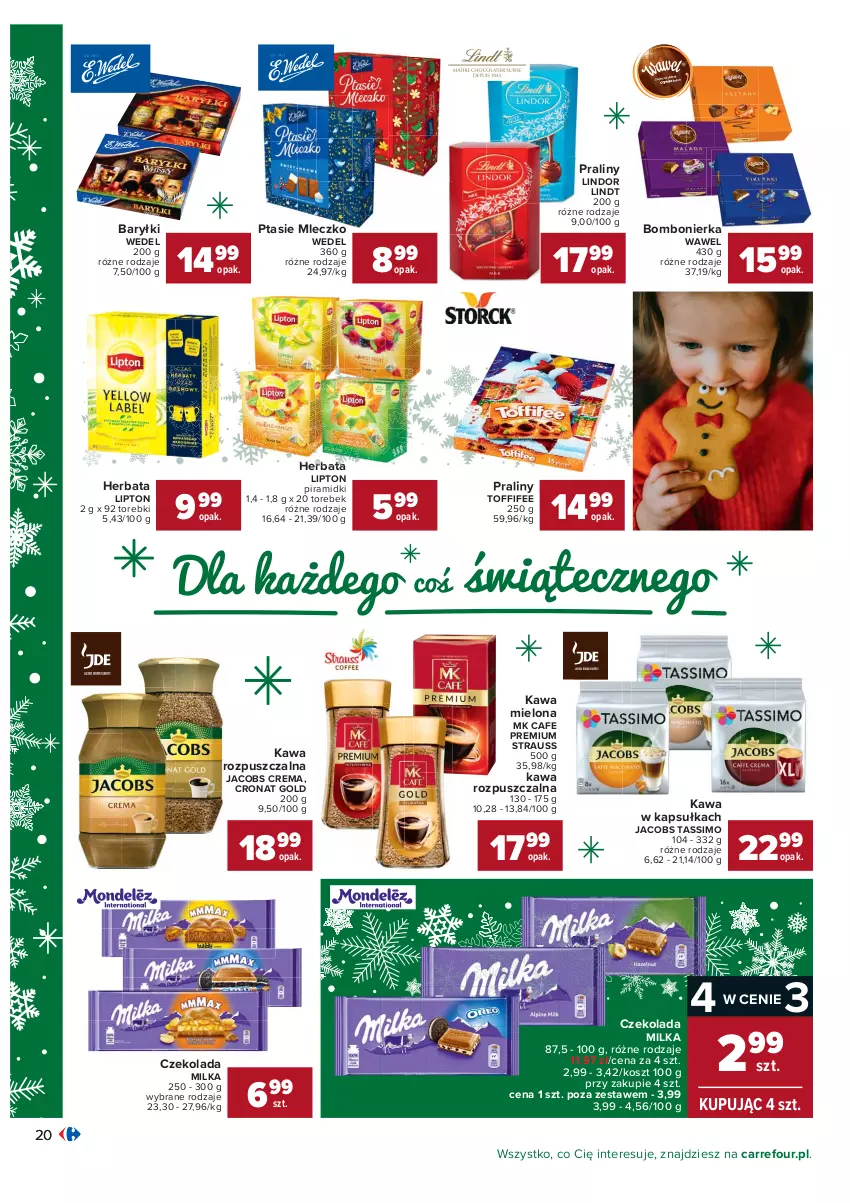 Gazetka promocyjna Carrefour - Gazetka Carrefour Okazje grudnia - ważna 01.12 do 31.12.2021 - strona 20 - produkty: Baryłki, Czekolada, Herbata, Jacobs, Kawa, Kawa mielona, Kawa rozpuszczalna, Kosz, Lindor, Lindt, Lipton, Milka, Mleczko, Praliny, Ptasie mleczko, Tassimo, Toffifee, Wawel