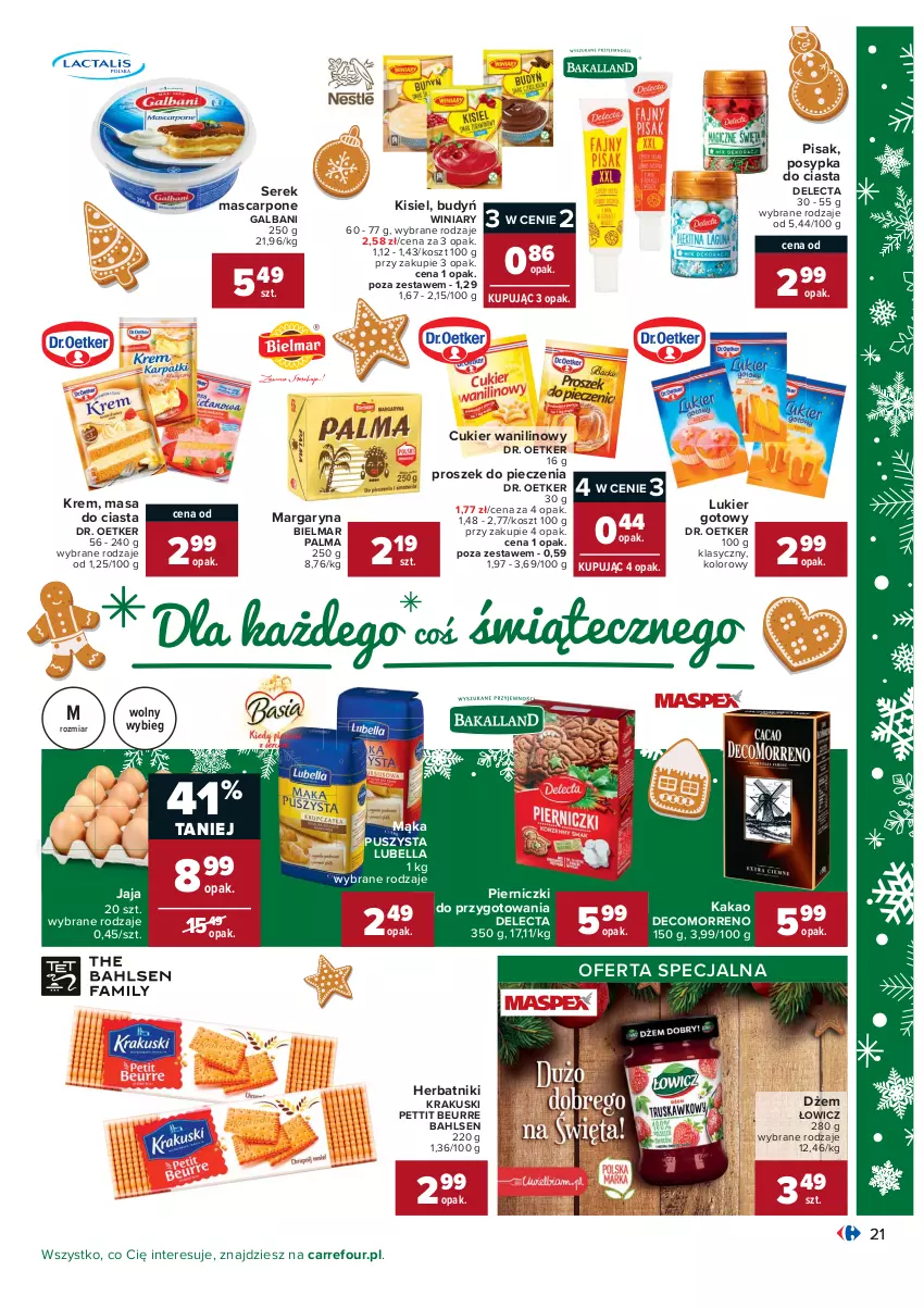 Gazetka promocyjna Carrefour - Gazetka Carrefour Okazje grudnia - ważna 01.12 do 31.12.2021 - strona 21 - produkty: Bell, Bella, Budyń, Cukier, Cukier wanilinowy, Delecta, Dr. Oetker, Dżem, Galbani, Herbatniki, Jaja, Kakao, Kisiel, Kosz, Krakus, Krakuski, Lubella, Mąka, Margaryna, Mascarpone, Palma, Piec, Proszek do pieczenia, Ser, Serek, Winiary