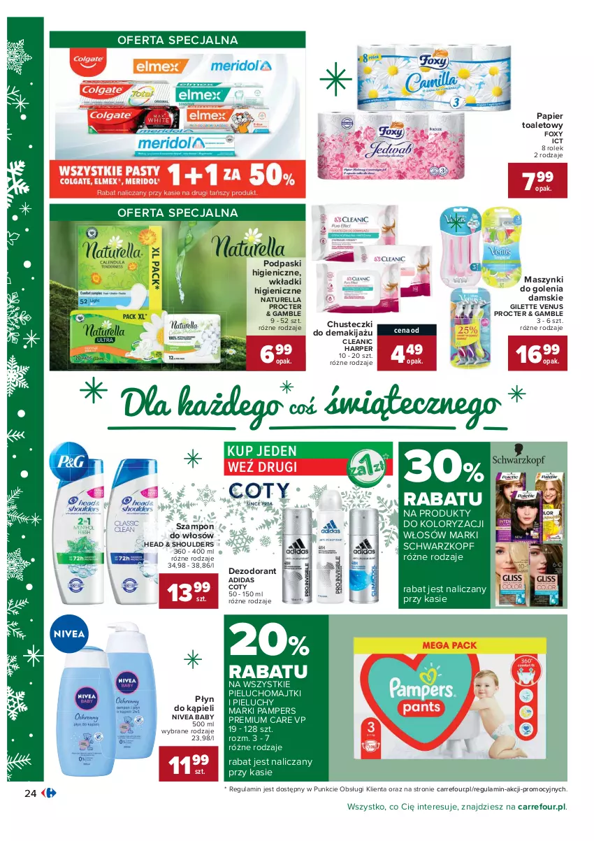 Gazetka promocyjna Carrefour - Gazetka Carrefour Okazje grudnia - ważna 01.12 do 31.12.2021 - strona 24 - produkty: Adidas, Chusteczki, Cleanic, Dezodorant, Foxy, Majtki, Makijaż, Naturell, Naturella, Nivea, Nivea Baby, Pampers, Papier, Papier toaletowy, Pieluchomajtki, Pieluchy, Płyn do kąpieli, Podpaski, Schwarzkopf, Szampon, Venus, Wkładki