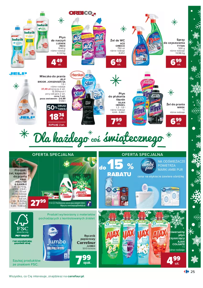 Gazetka promocyjna Carrefour - Gazetka Carrefour Okazje grudnia - ważna 01.12 do 31.12.2021 - strona 25 - produkty: Ajax, Ambi Pur, Ariel, BIC, Colgate, Kapsułki do prania, Kosz, LG, Ludwik, Mleczko, Mleczko do prania, Papier, Płyn do płukania, Pur, Ręcznik, Silan, Spray do czyszczenia, Tytan, Uniwersalny płyn czyszczący