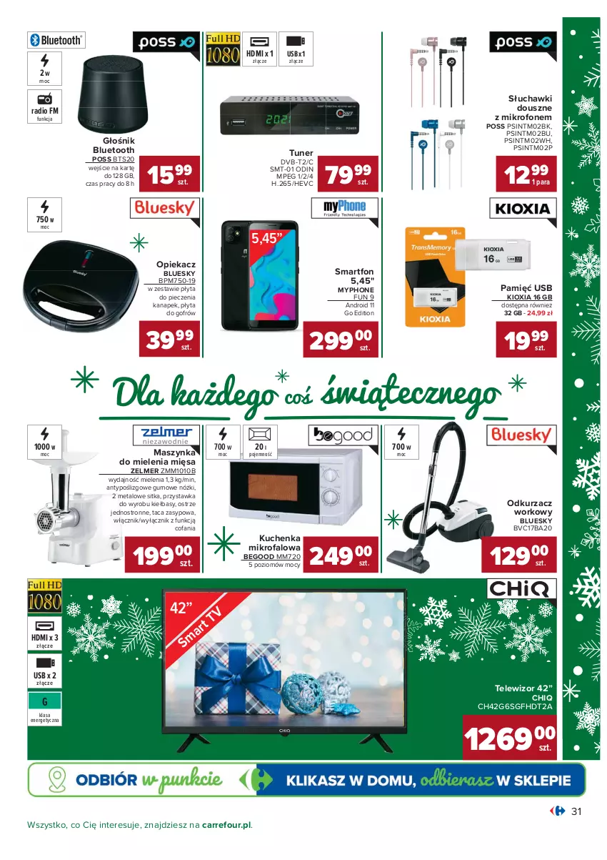 Gazetka promocyjna Carrefour - Gazetka Carrefour Okazje grudnia - ważna 01.12 do 31.12.2021 - strona 31 - produkty: Fa, Głośnik, Głośnik bluetooth, Kuchenka mikrofalowa, Maszynka, Maszynka do mielenia, Mikrofon, MyPhone, Odkurzacz, Piec, Płyta, Słuchawki, Smartfon, Szynka, Taca, Telewizor, Zelmer