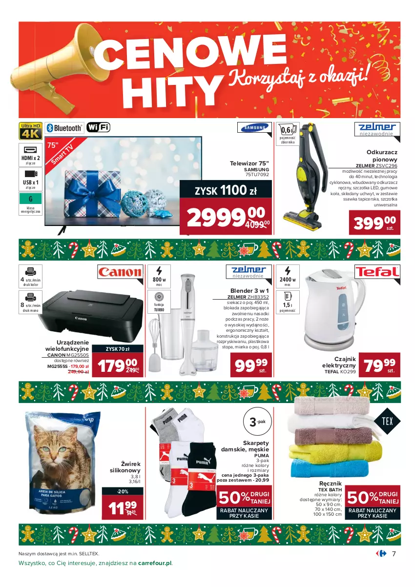 Gazetka promocyjna Carrefour - Gazetka Carrefour Okazje grudnia - ważna 01.12 do 31.12.2021 - strona 7 - produkty: Blender, Canon, Czajnik, Czajnik elektryczny, Fa, Karp, Miarka, Noż, Odkurzacz, Puma, Ręcznik, Samsung, Sok, Szczotka, Tefal, Telewizor, Top, Urządzenie wielofunkcyjne, Zelmer