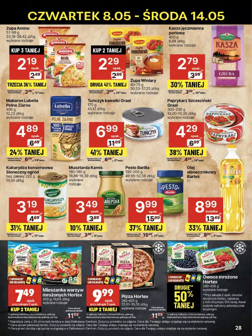 Gazetka promocyjna Delikatesy Centrum - Franczyza DC19 Czwartek - ważna 08.05 do 14.05.2025 - strona 28 - produkty: Barilla, Bartek, Bell, Bella, Dron, Gra, Graal, Hortex, Kamis, Kasza, Kasza jęczmienna, Kawa, Kukurydza, Kukurydza konserwowa, LG, Lubella, Makaron, Mieszanka warzyw, Mus, Musztarda, Ogród, Olej, Papryka, Paprykarz, Paprykarz szczeciński, Pesto, Pizza, Rosół, Rum, Ser, Tuńczyk, Winiary, Zupa