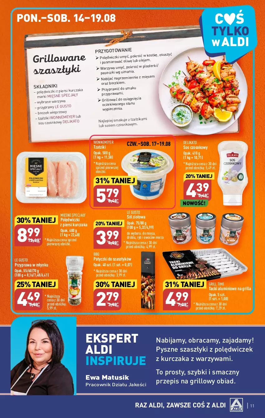 Gazetka promocyjna Aldi - Pełna oferta - ważna 07.08 do 12.08.2023 - strona 11 - produkty: Boczek, Boczek wieprzowy, Grill, Kurczak, Mięsne specjały, Olej, Piec, Plasterki, Przyprawy, Sól, Sos, Sos czosnkowy, Warzywa