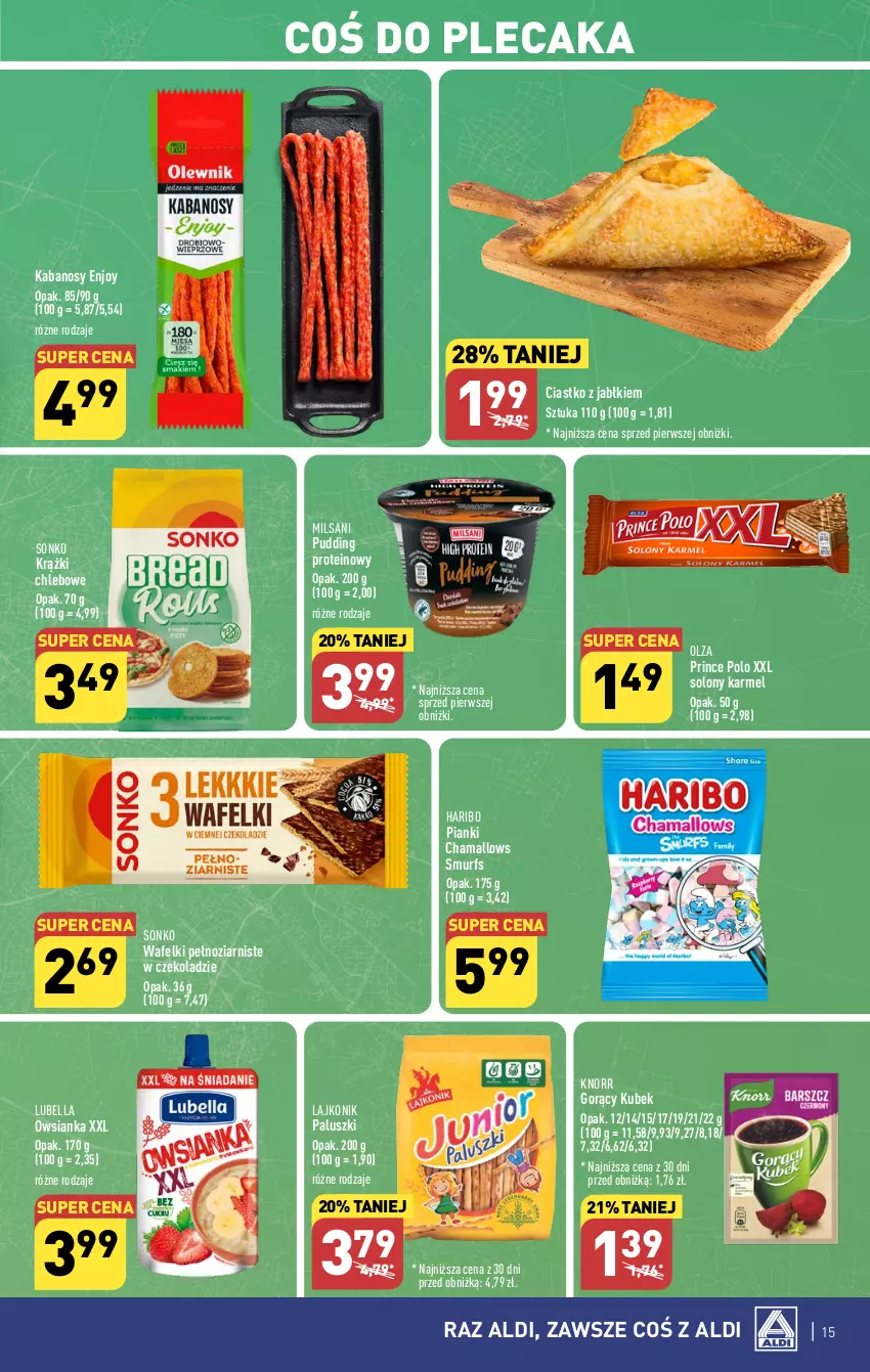 Gazetka promocyjna Aldi - Pełna oferta - ważna 07.08 do 12.08.2023 - strona 15 - produkty: Bell, Bella, Chleb, Hama, Haribo, Kabanos, Knorr, Kubek, Lajkonik, Lubella, Owsianka, Plecak, Prince Polo, Pudding, Sonko