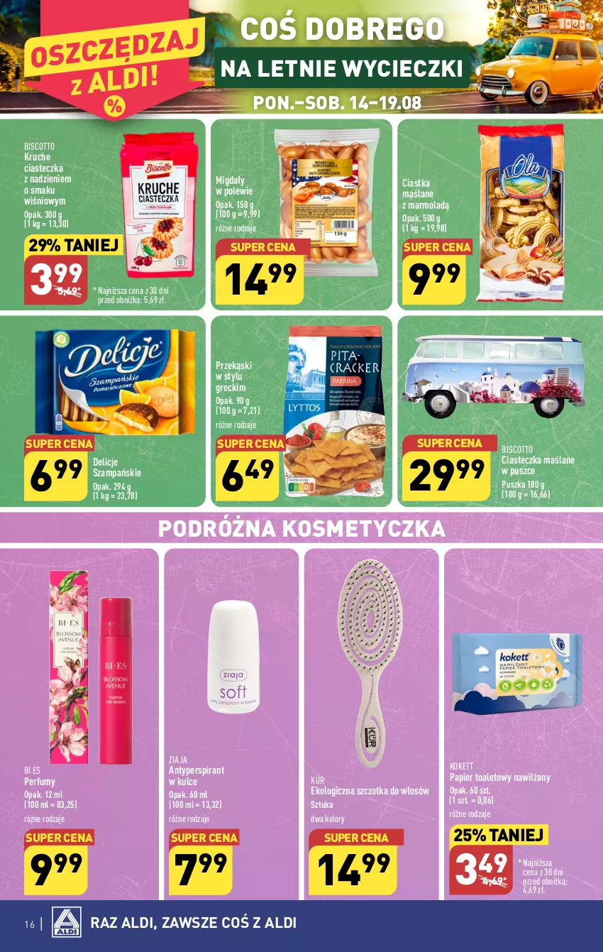 Gazetka promocyjna Aldi - Pełna oferta - ważna 07.08 do 12.08.2023 - strona 16 - produkty: Antyperspirant, Ciastka, Delicje, Kosmetyczka, Migdały, Mola, Papier, Papier toaletowy, Perfum, Szczotka, Szczotka do włosów, Ziaja