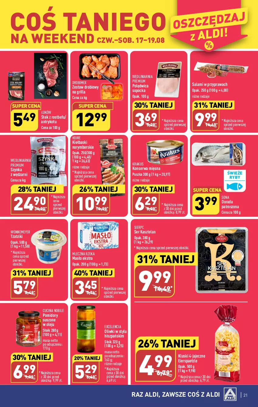 Gazetka promocyjna Aldi - Pełna oferta - ważna 07.08 do 12.08.2023 - strona 21 - produkty: Drobimex, Grill, Kasztelan, Krakus, Masło, Mleczna Rzeka, Olej, Oliwki, Polędwica, Pomidory, Rostbef, Salami, Ser, Ser Kasztelan, Stek, Szynka