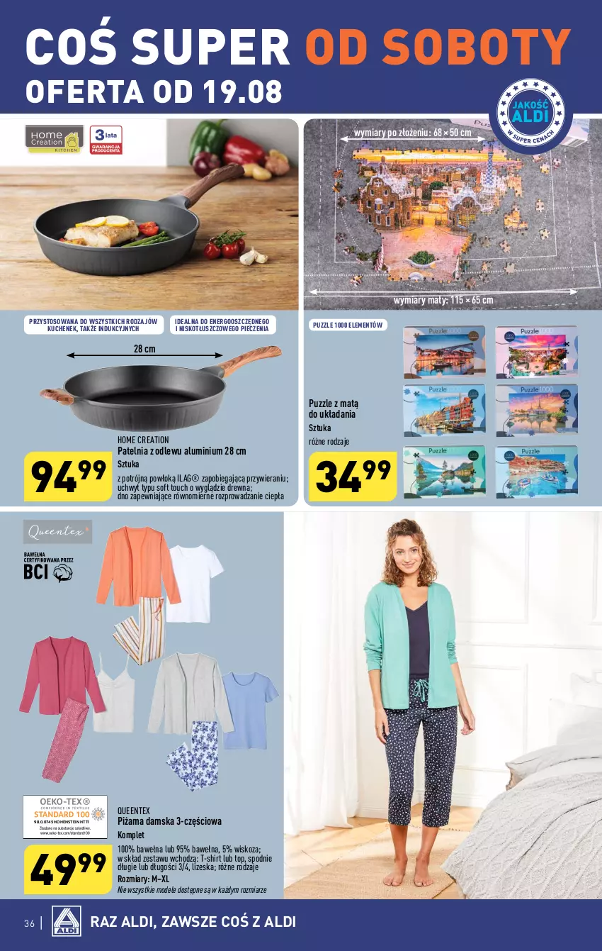 Gazetka promocyjna Aldi - Pełna oferta - ważna 07.08 do 12.08.2023 - strona 36 - produkty: Patelnia, Piec, Piżama, Puzzle, Queentex, Spodnie, T-shirt, Top, Wełna