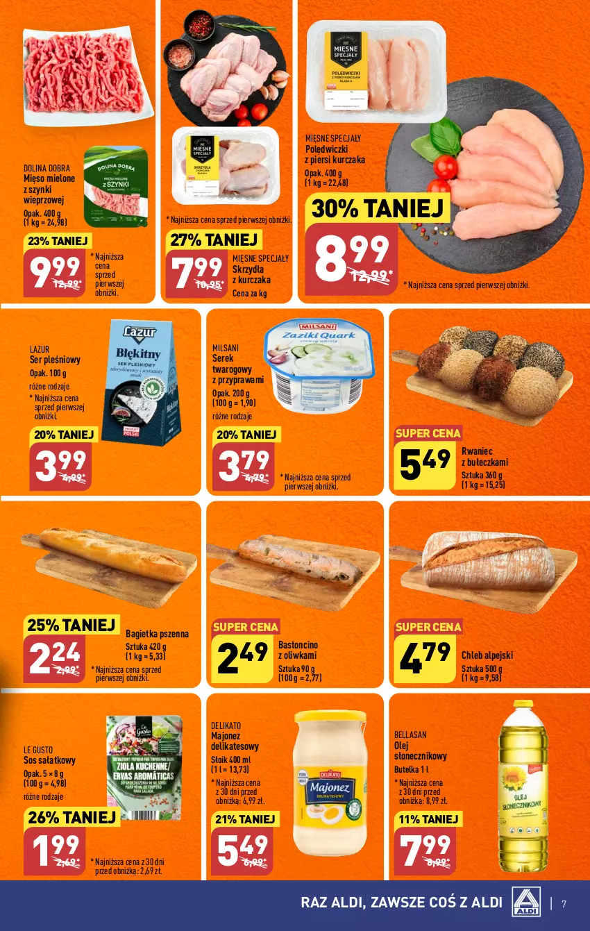 Gazetka promocyjna Aldi - Pełna oferta - ważna 07.08 do 12.08.2023 - strona 7 - produkty: Bagietka, Bagietka pszenna, Bell, Bella, Chleb, Kurczak, Lazur, Majonez, Mięsne specjały, Mięso, Mięso mielone, Mięso mielone z szynki, Olej, Olej słonecznikowy, Sałat, Ser, Ser pleśniowy, Serek, Serek twarogowy, Sos