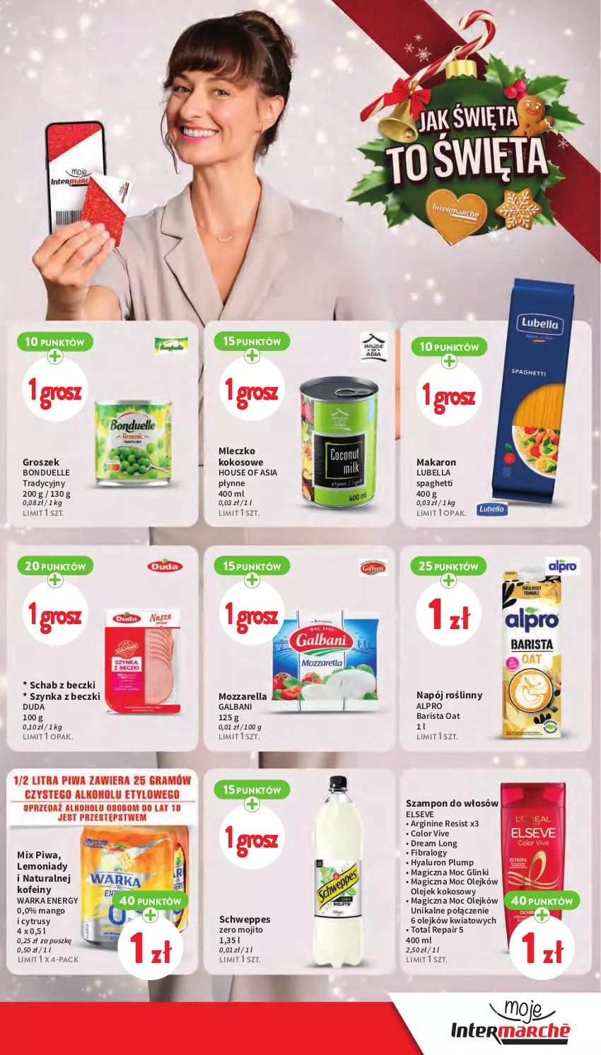 Gazetka promocyjna Intermarche - Gazetka Intermarche - ważna 23.11 do 29.11.2023 - strona 15 - produkty: Alpro, Bell, Bella, Bonduelle, Duda, Elseve, Galbani, Gin, Groszek, House of Asia, Kokos, Lubella, Makaron, Mango, Mleczko, Mozzarella, Napój, Napój roślinny, Olej, Piwa, Schweppes, Spaghetti, Szampon, Szynka, Szynka z beczki, Warka