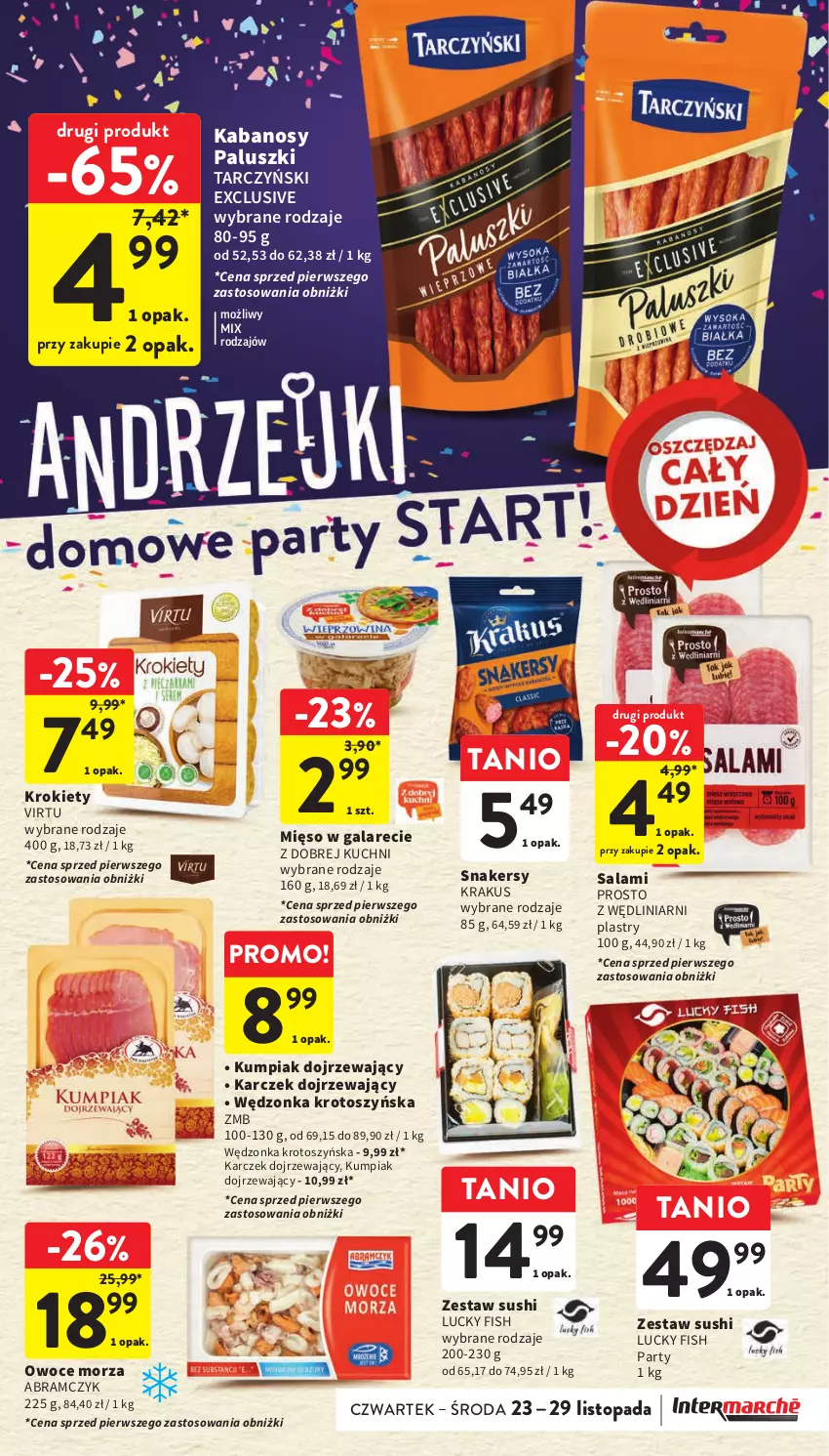 Gazetka promocyjna Intermarche - Gazetka Intermarche - ważna 23.11 do 29.11.2023 - strona 19 - produkty: Gala, Kabanos, Krakus, Krokiety, Mięso, Mięso w galarecie, Owoce, Owoce morza, Salami, Sushi, Tarczyński, Top, Virtu