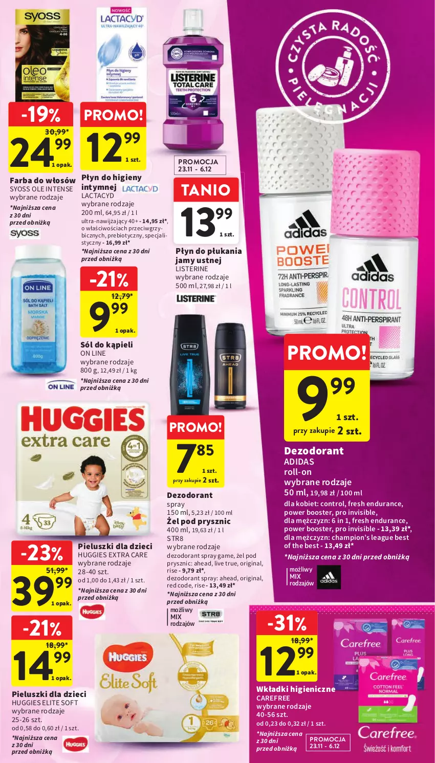 Gazetka promocyjna Intermarche - Gazetka Intermarche - ważna 23.11 do 29.11.2023 - strona 39 - produkty: Adidas, BIC, Booster, Carefree, Control, Dezodorant, Dzieci, Fa, Farba do włosów, Gin, Huggies, Lactacyd, Listerine, Płyn do płukania, Płyn do płukania jamy ustnej, Sól, Sól do kąpieli, Str8, Syoss, Wkładki