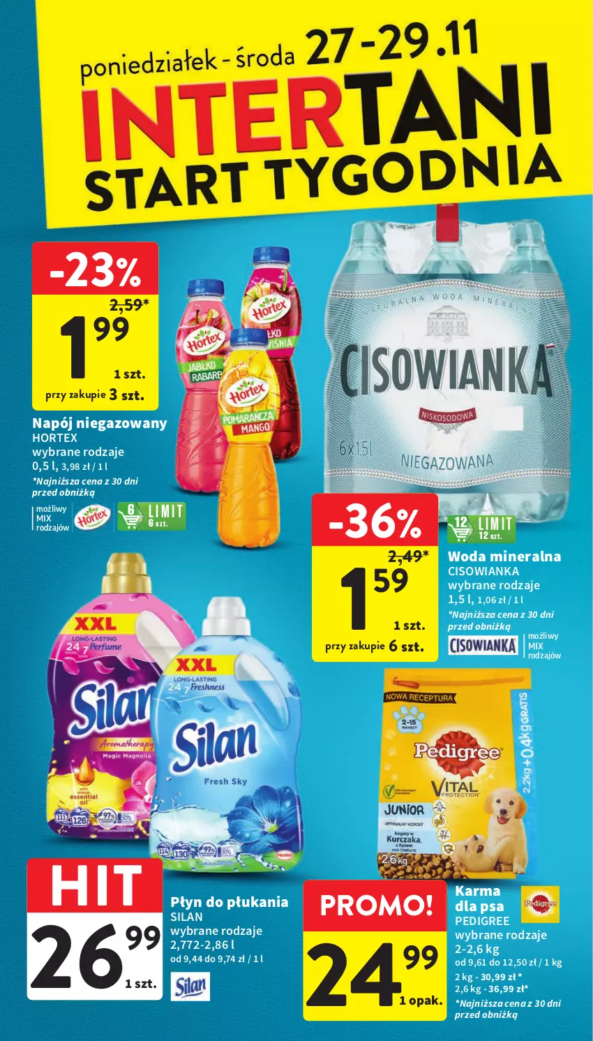 Gazetka promocyjna Intermarche - Gazetka Intermarche - ważna 23.11 do 29.11.2023 - strona 42 - produkty: Cisowianka, Hortex, Napój, Napój niegazowany, Pedigree, Płyn do płukania, Silan, Woda, Woda mineralna