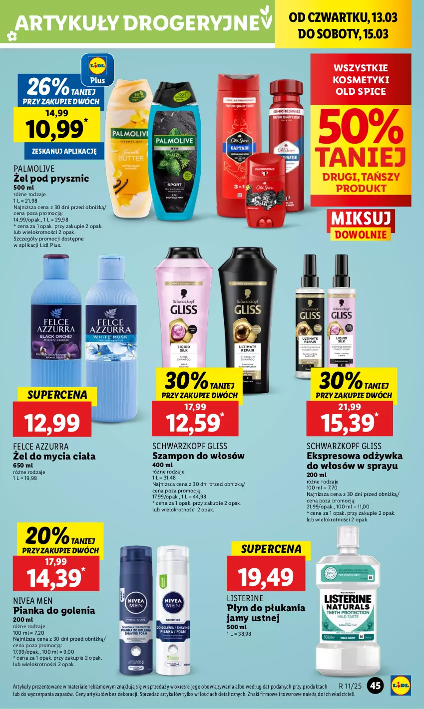 Gazetka promocyjna Lidl - GAZETKA - ważna 13.03 do 15.03.2025 - strona 53 - produkty: Listerine, Nivea, Nivea Men, Odżywka, Old Spice, Palmolive, Pianka do golenia, Płyn do płukania, Płyn do płukania jamy ustnej, Schwarzkopf, Szampon